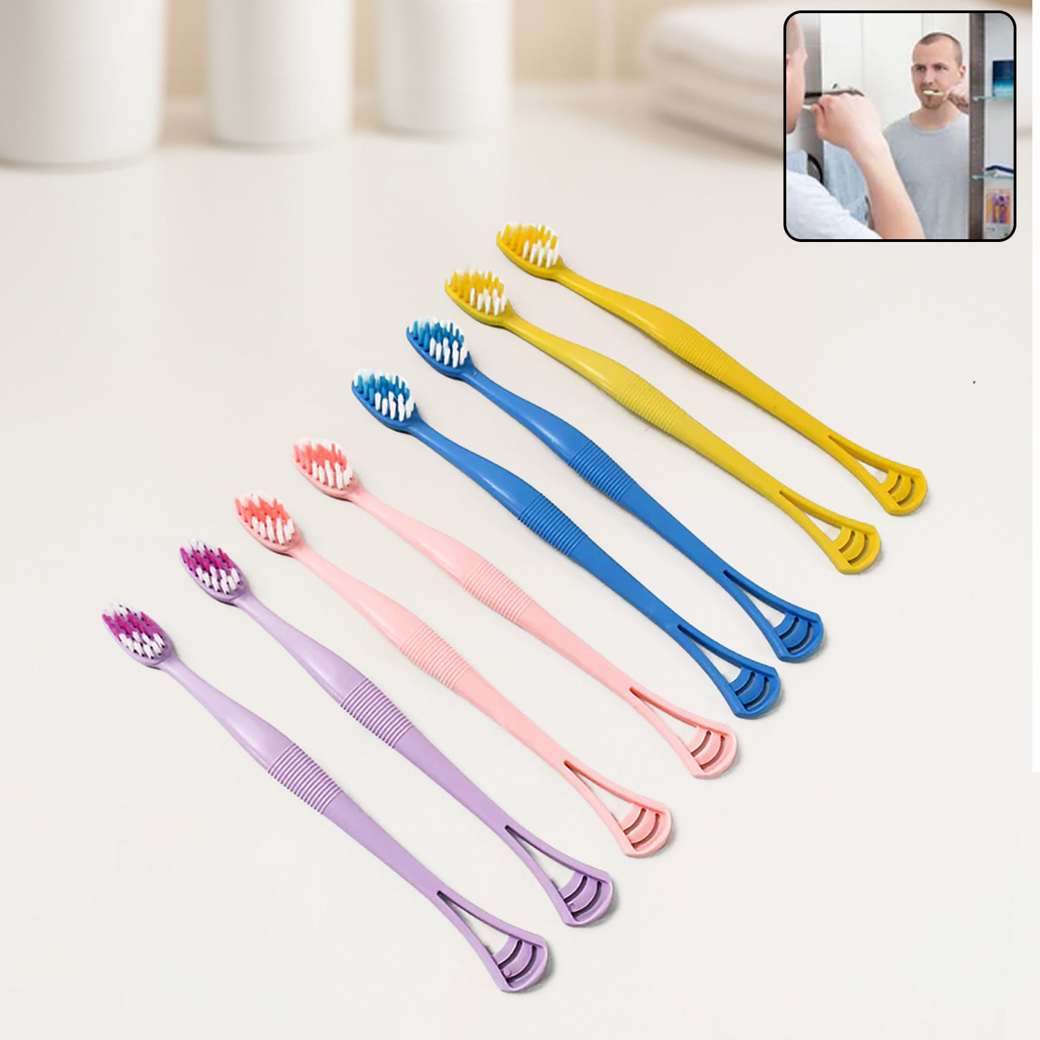 2-in-1 Tooth Brush Tongue Scraper, Soft Bristle & Long Handle (8Pcs) Soft Toothbrush