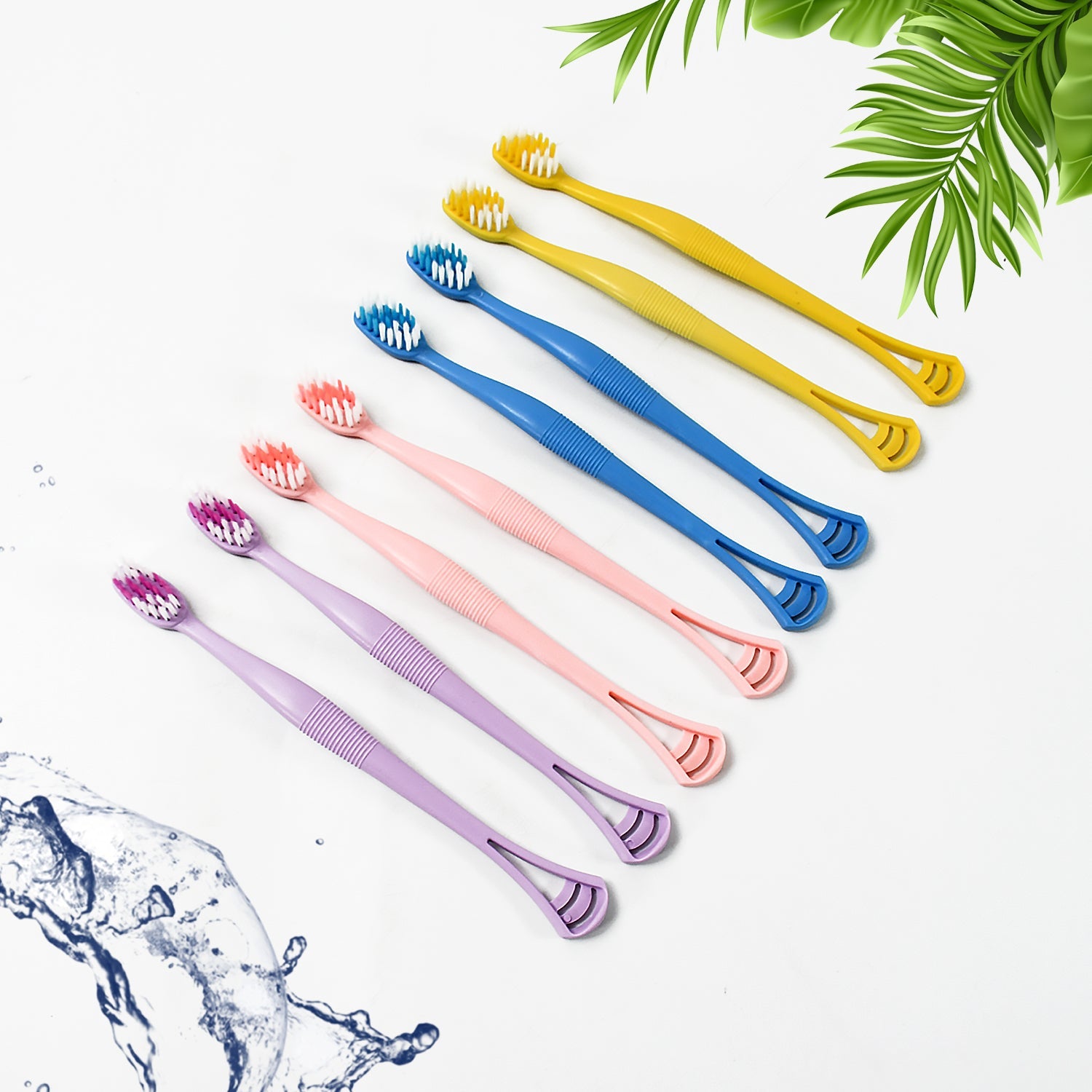 2-in-1 Tooth Brush Tongue Scraper, Soft Bristle &amp; Long Handle (8Pcs) Soft Toothbrush