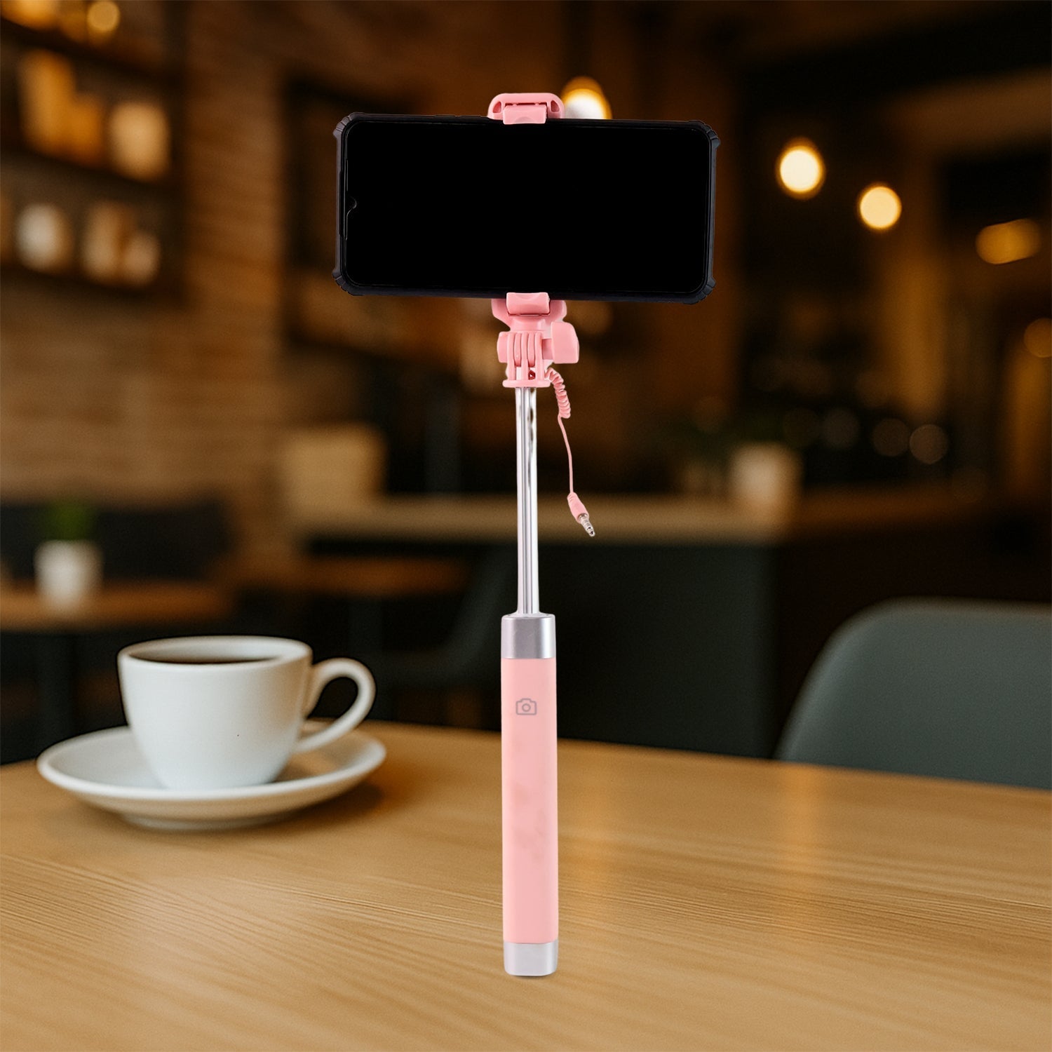 Wired Selfie Stick with Rearview Mirror &amp; Built-In Shutter Button (1 Pc)